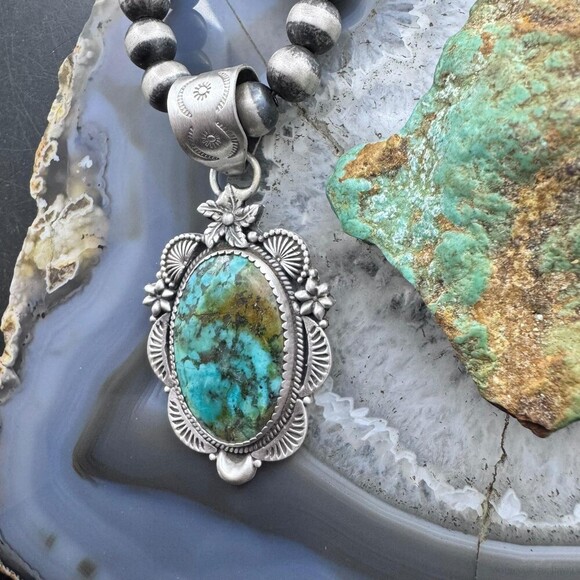 Sterling Silver Southwestern Style Oval Turquoise Decorated Pendant For Women - Picture 5 of 10